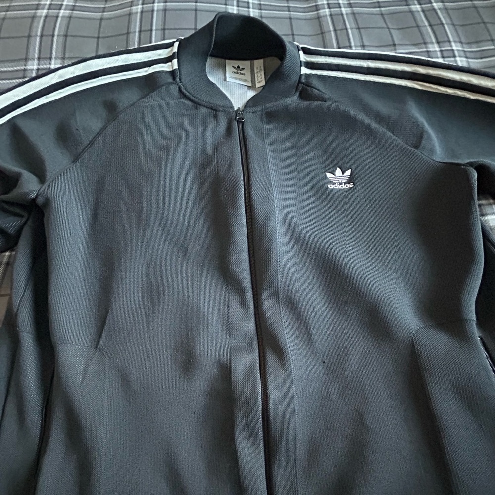 Adidas Men's Black Bomber Jacket with White Stripes